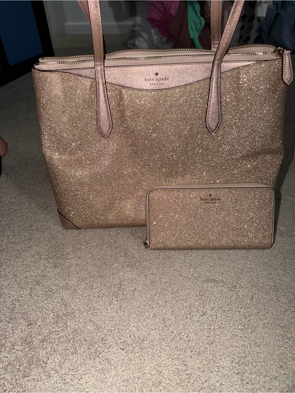 kate spade Rose Gold Glitter Tote with Matching Wallet